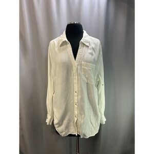 Laura Sequin Pocket Detail Blouse Women XL White Lightweight Side Slit Button Up